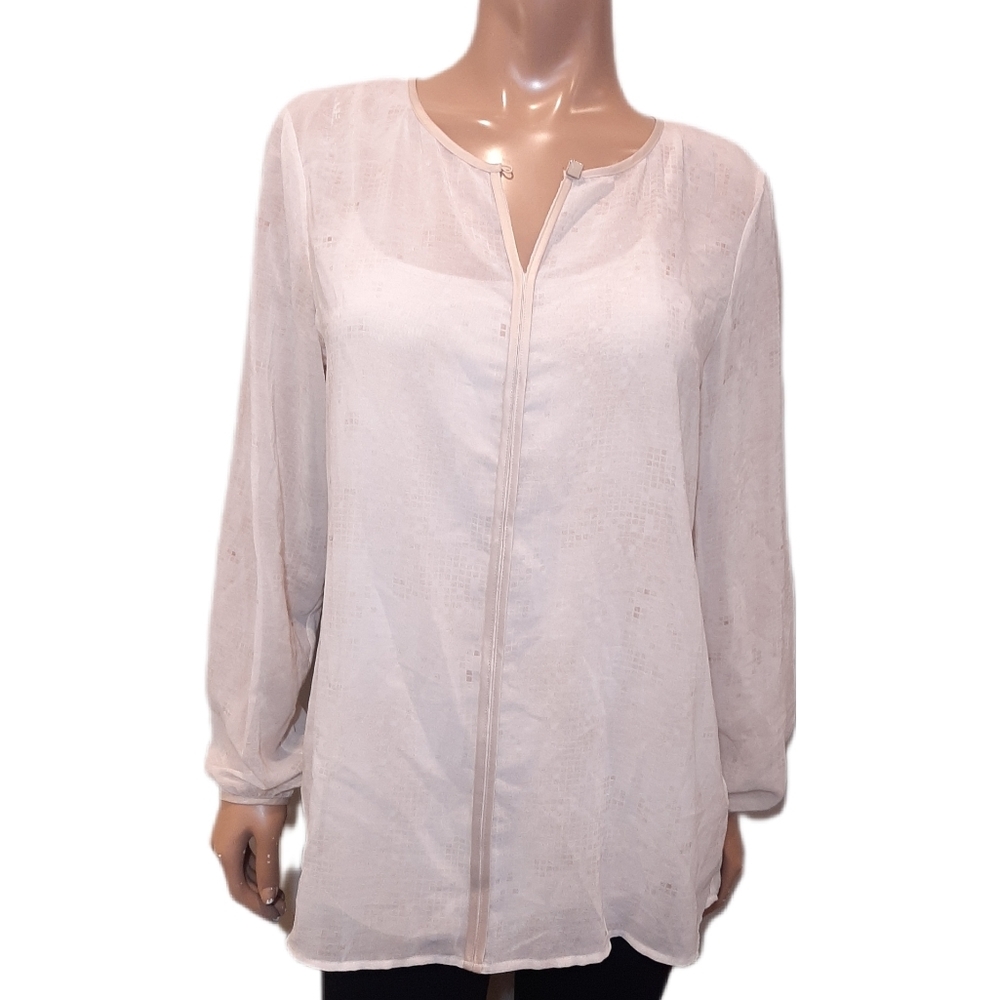 MELANIE LYNE Sheer Flowy Blouse Neutral Silky Long Sleeve Top Cami Tank Size 10